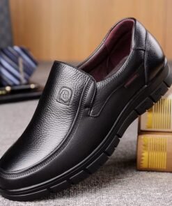 High Quality Grain Leather Casual Shoes Men Flat Platfom Walking Footwear Loafer - Black