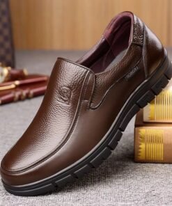 High Quality Grain Leather Casual Shoes Men Flat Platfom Walking Footwear Loafer - Coffee/Dark Tan