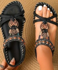 Bohemian Beaded Rhinestone Slip-On Flat Sandals