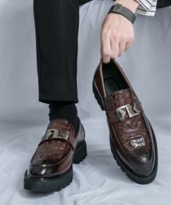 Men’s Exotic Crocodile Pattern Leather Slip On With Ornate Metal Buckle